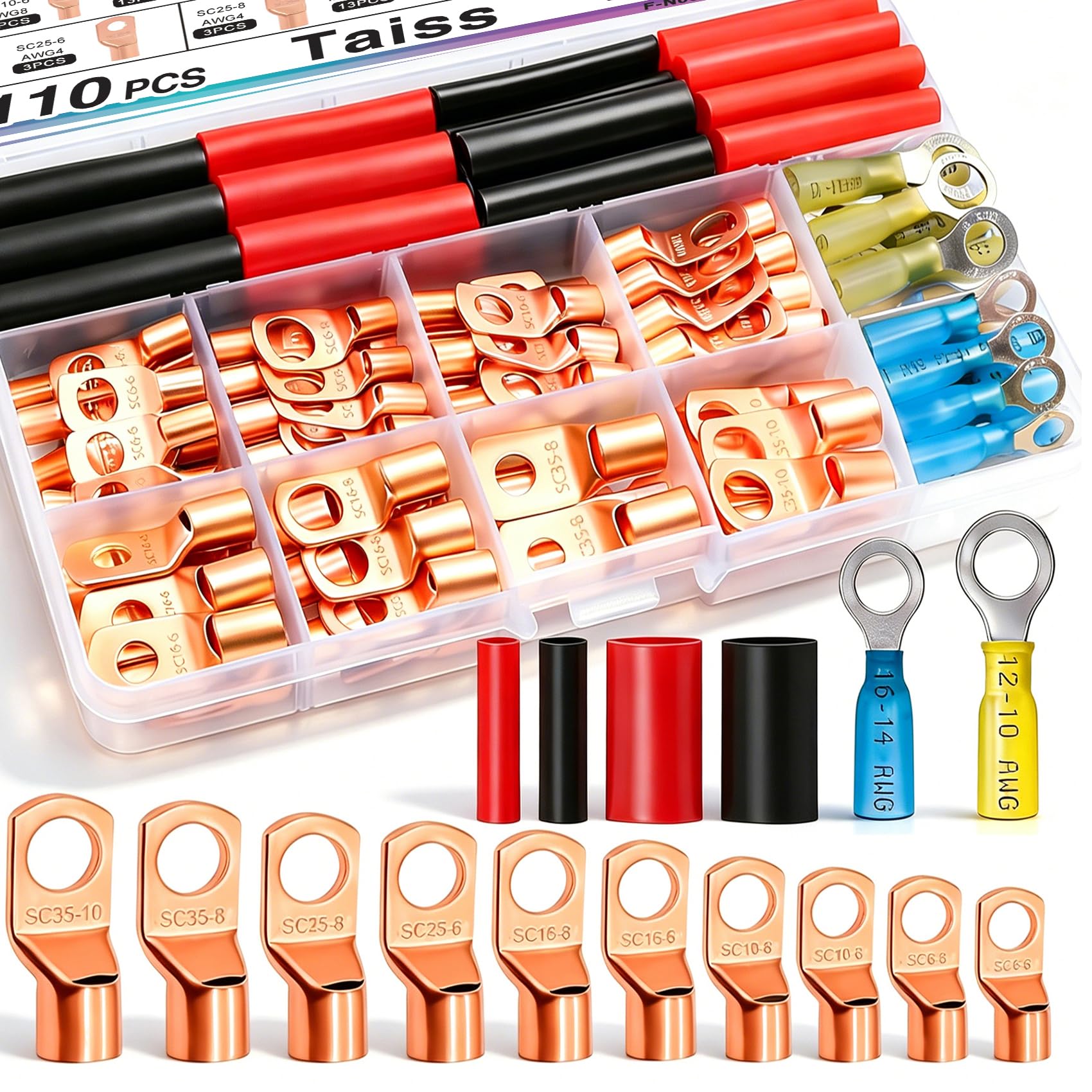 Taiss Copper Wire Lugs AWG 2-16 110PCS with Heat Shrink Kit - Product Imagery