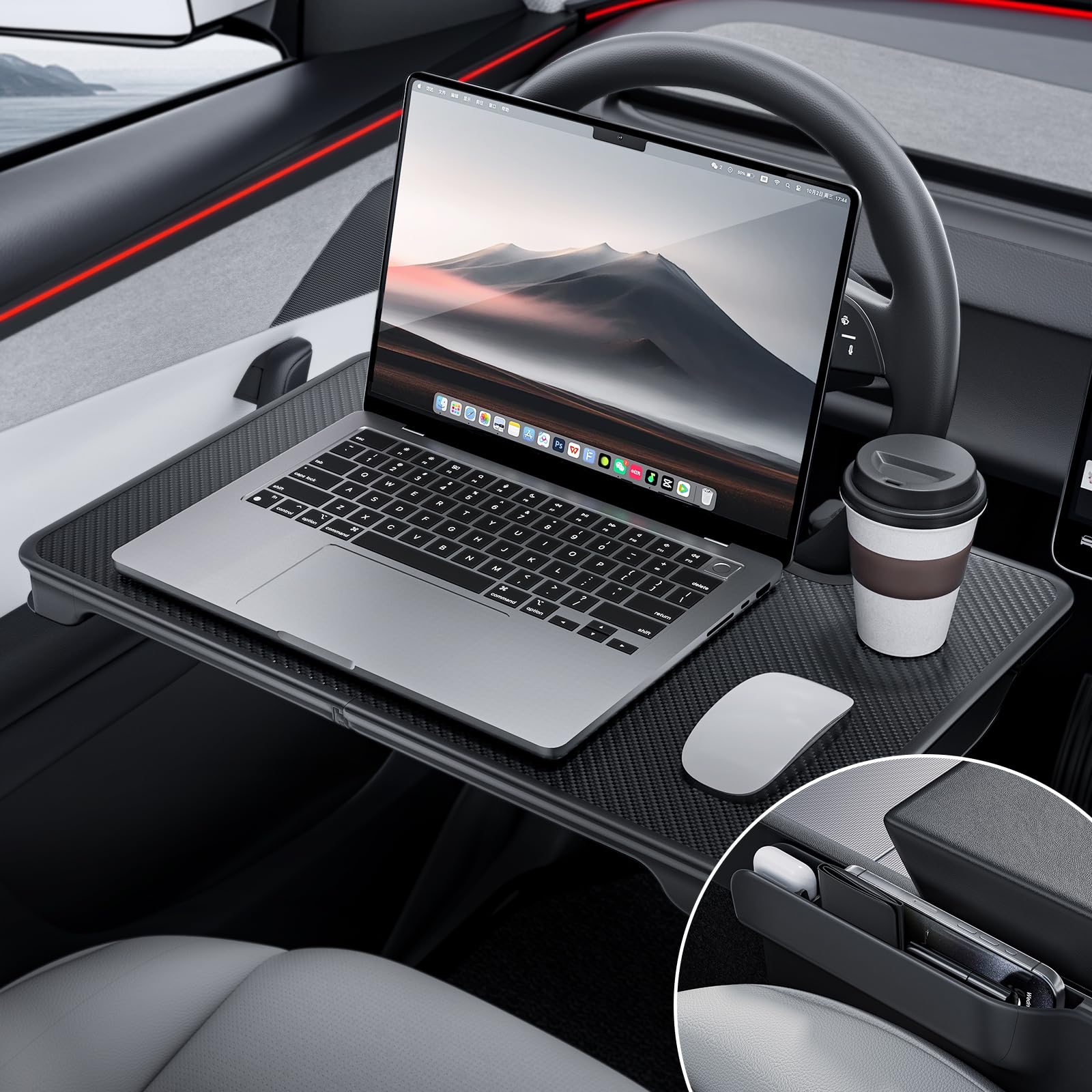 YONZEE 2-in-1 Car Steering Wheel Desk Tray & Car Seat Gap Filler - Product Imagery