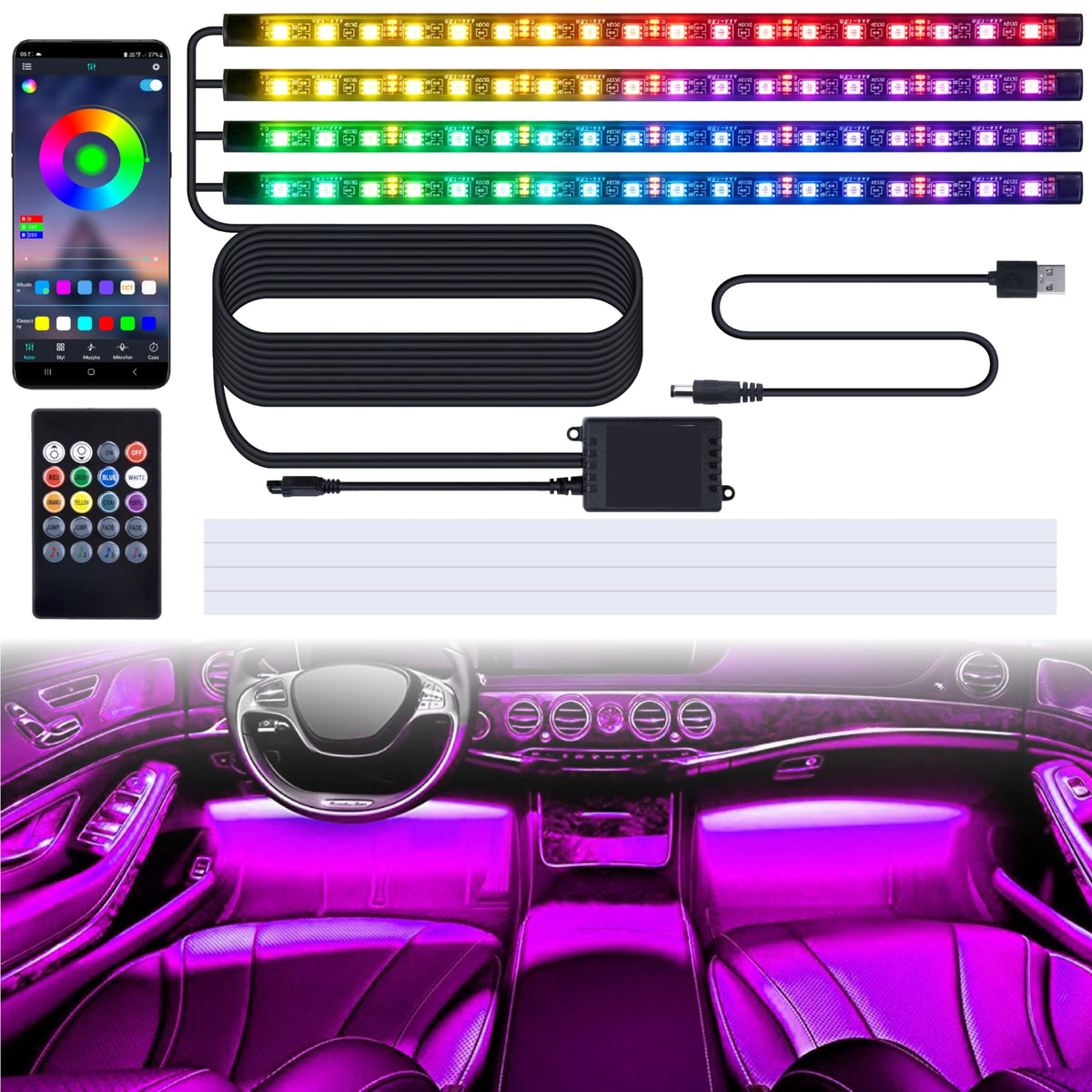 BFXM Car Interior Lights 72 LED Lights Strip with USB Adapter - Product Imagery