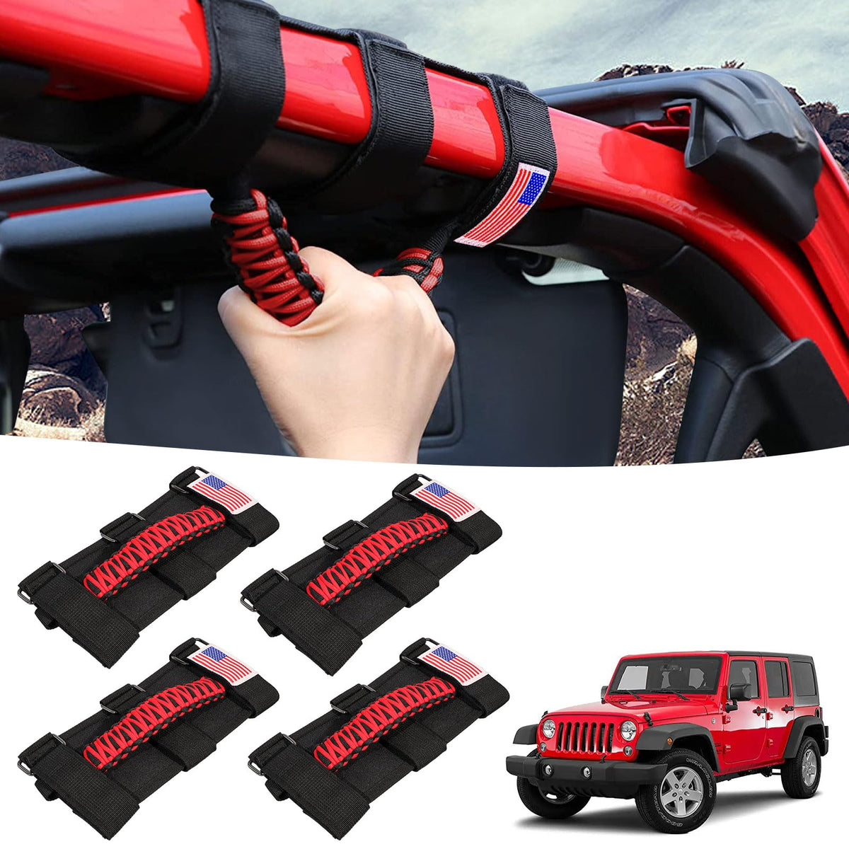 GAIZON 4 Pack Grab Handles Paracord Roll Bar for Jeep Wrangler - Product Imagery