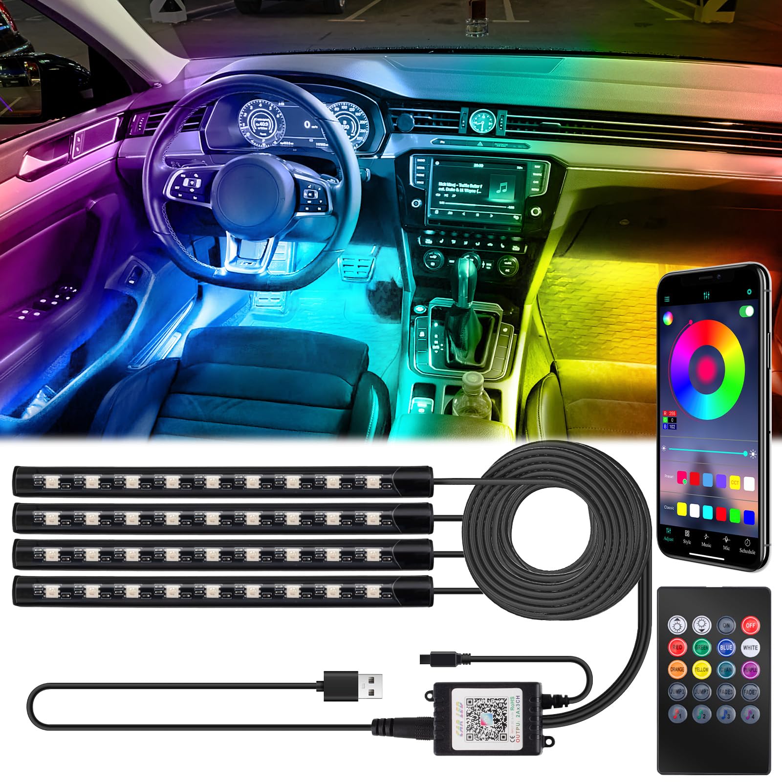BFXM Car Interior Lights, LED Lights Strip with USB Adapter Car - Product Imagery