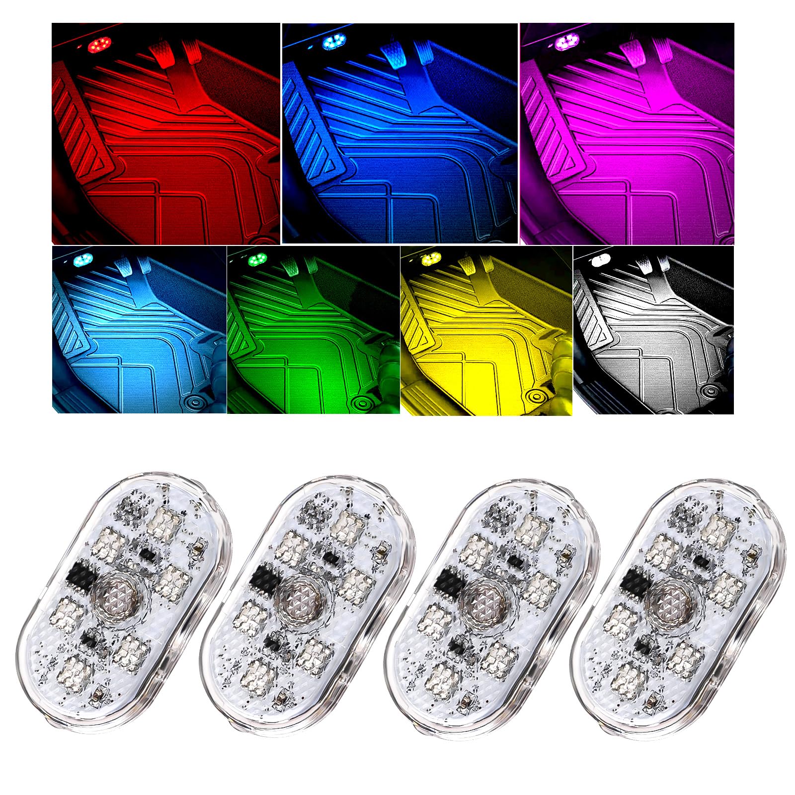 4 PCS Car LED Lights Interior Wireless, Super Bright 7 Colors - Product Imagery