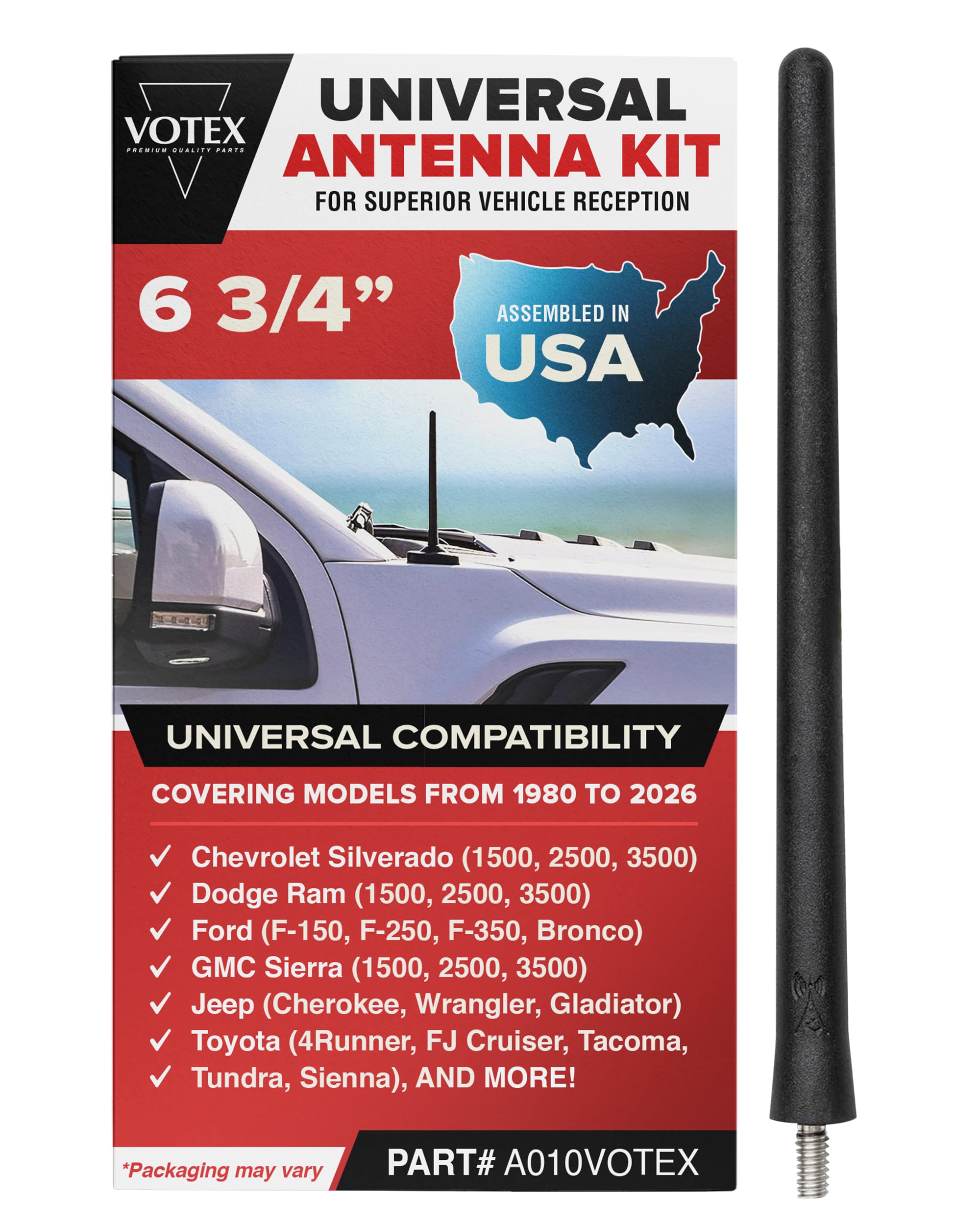 Votex Universal 6 3/4" Short Car Rubber Black Antenna Kit for - Product Imagery