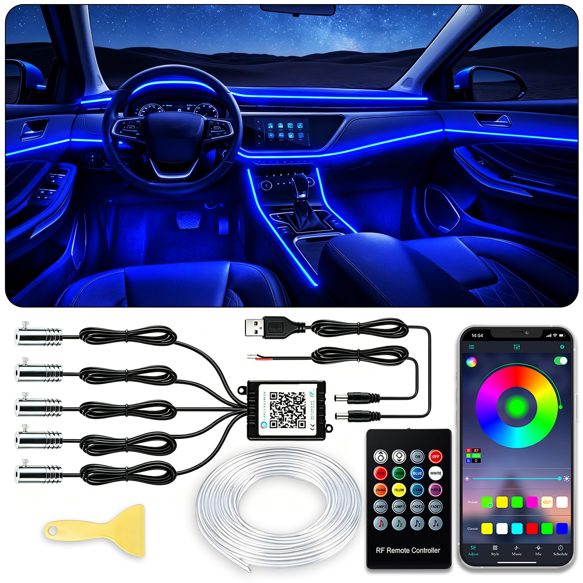 Jushope Interior Car LED Strip Lights, RGB 5 in 1 Car Ambient - Product Imagery