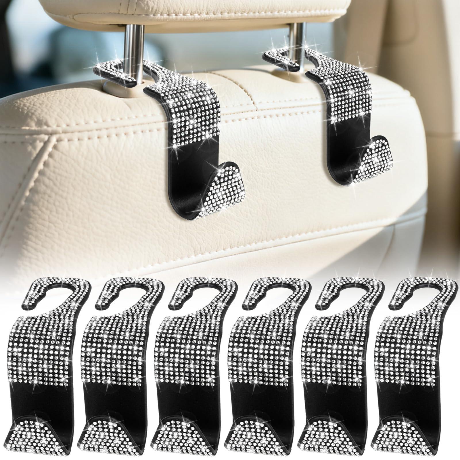 BFXM 6 Pack Car Seat Headrest Hooks,Car Accessories Bling White - Product Imagery