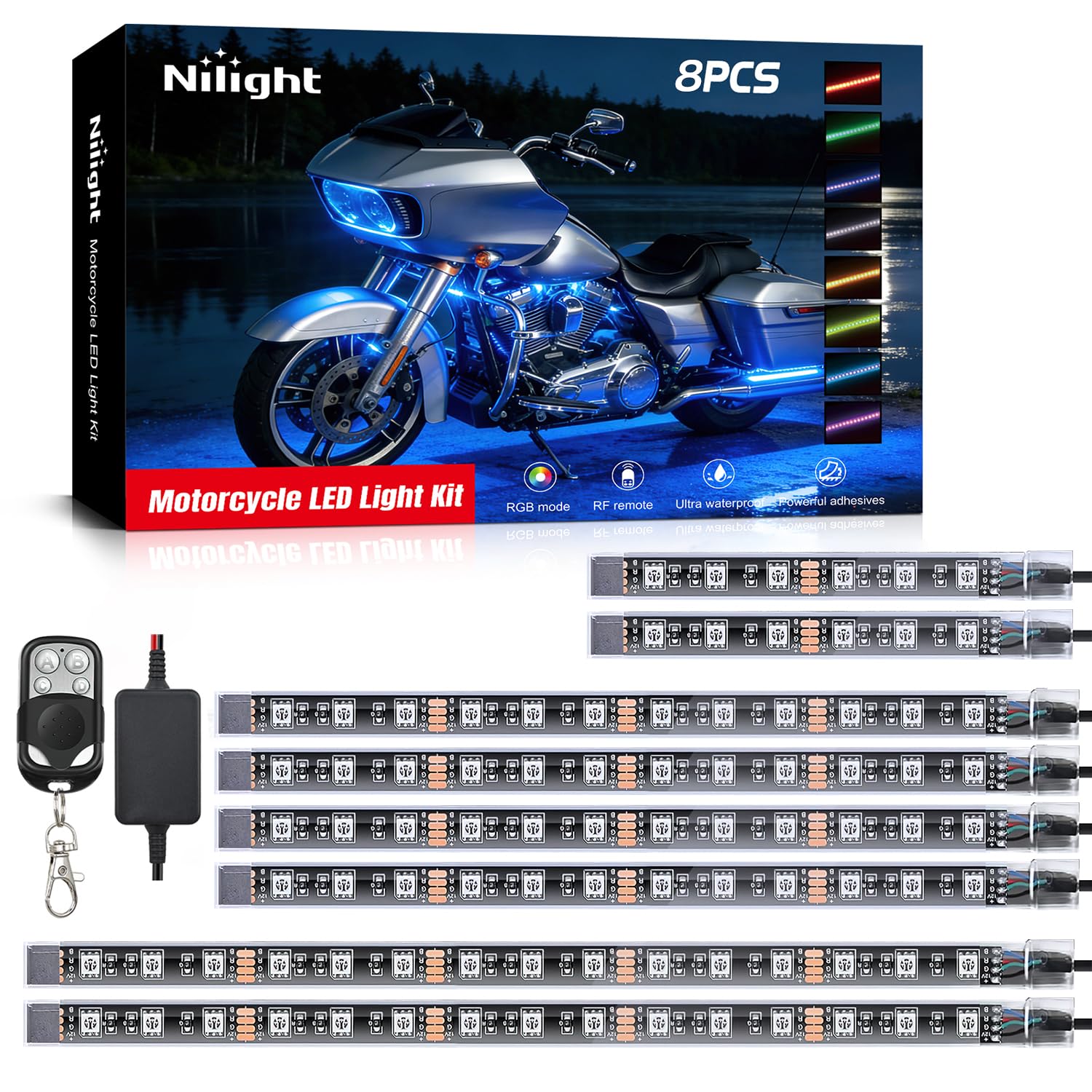 Nilight 8PCS Motorcycle RGB Led Light Kit Waterproof Multi-Color - Product Imagery
