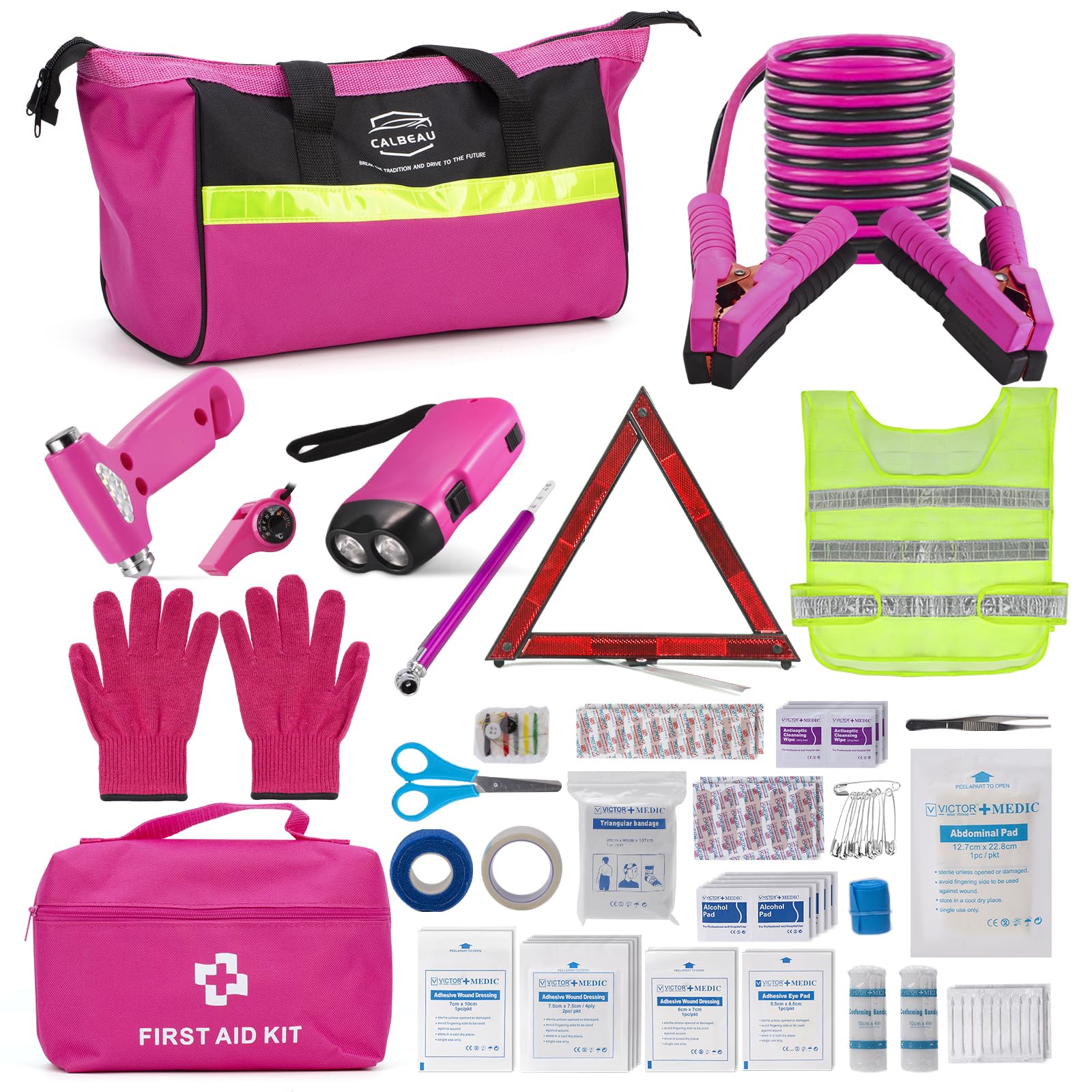 CALBEAU Pink Roadside Emergency Car Kit with First Aid for Women - Product Imagery