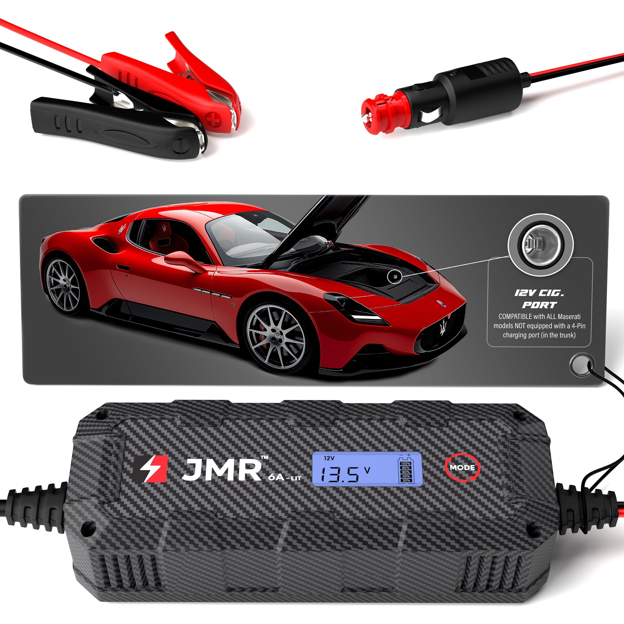 JMR 12V Battery Charger for Maserati, 12V Cig. Port, Add Lithium - Product Imagery