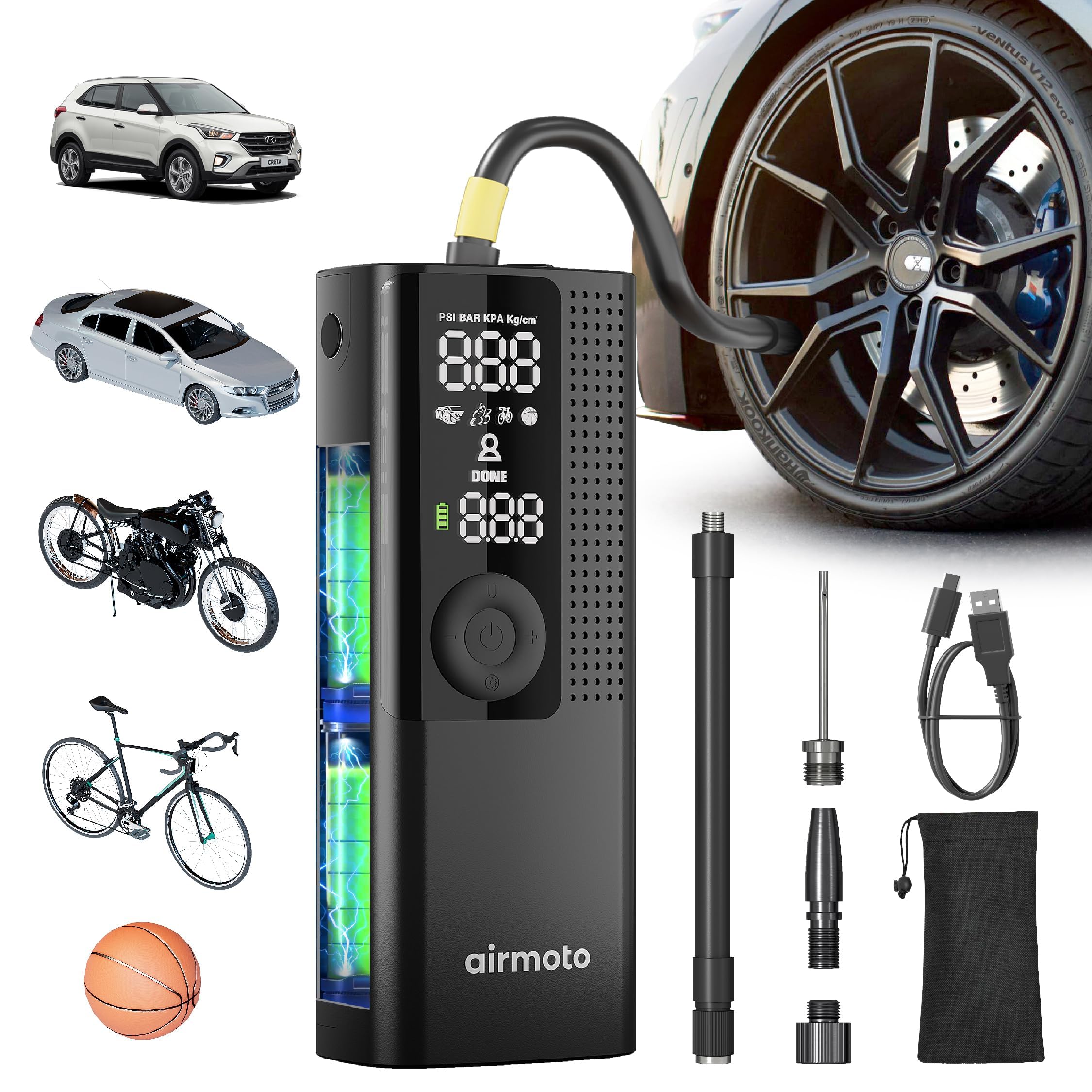 Airmoto Tire Inflator Portable Air Compressor for Cars, Bikes - Product Imagery
