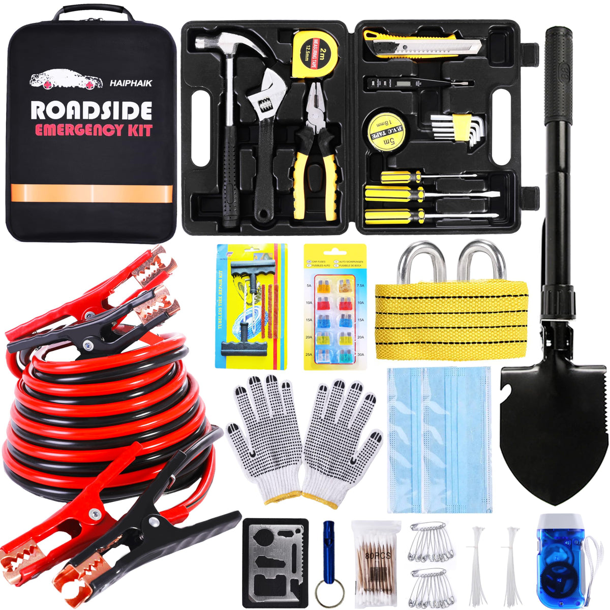 HAIPHAIK Car Emergency Kit with 11.8ft Jumper Cables, Roadside - Product Imagery