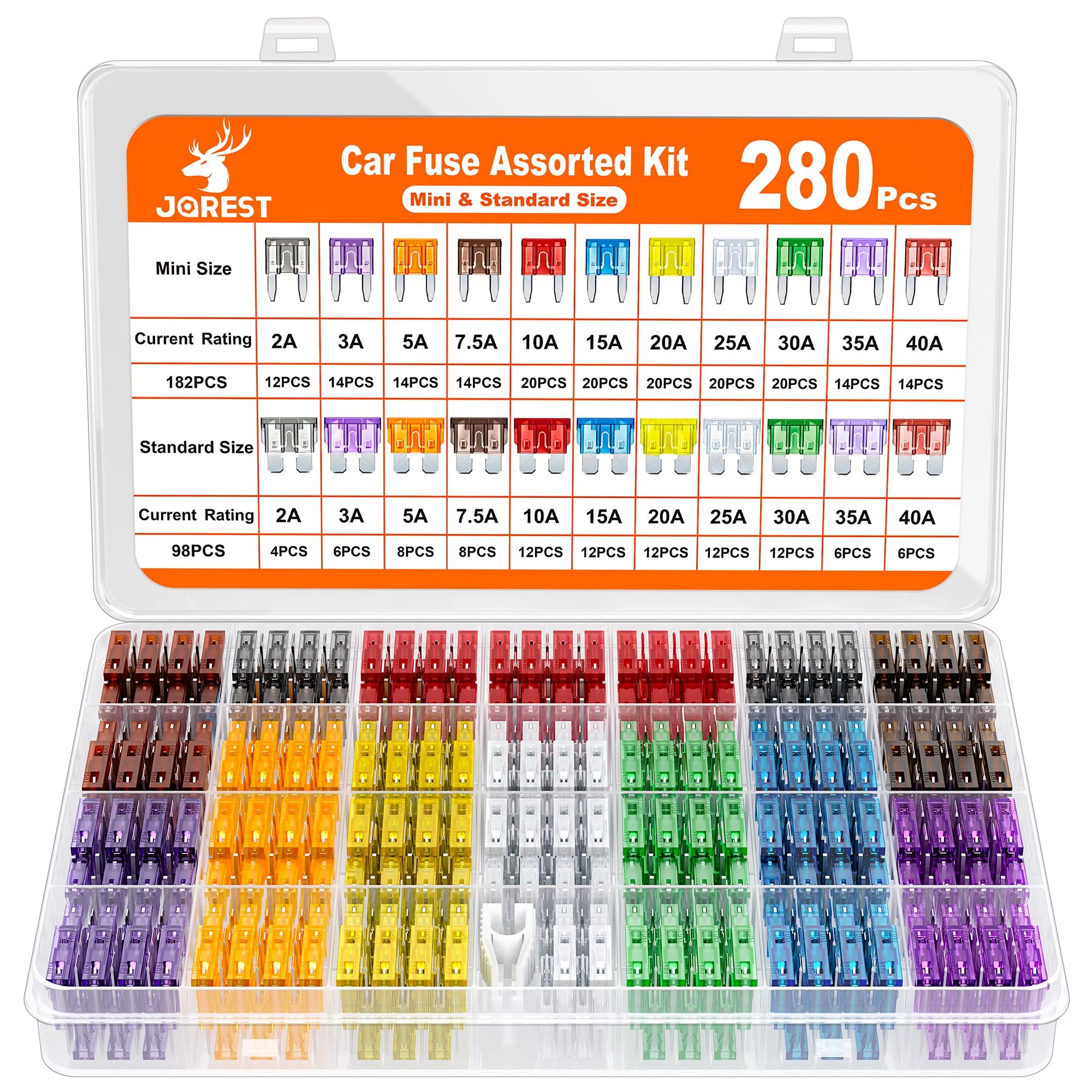 JOREST 280 Pcs Fuse Kit,182 Mini Car Fuses Assortment + 98 - Product Imagery