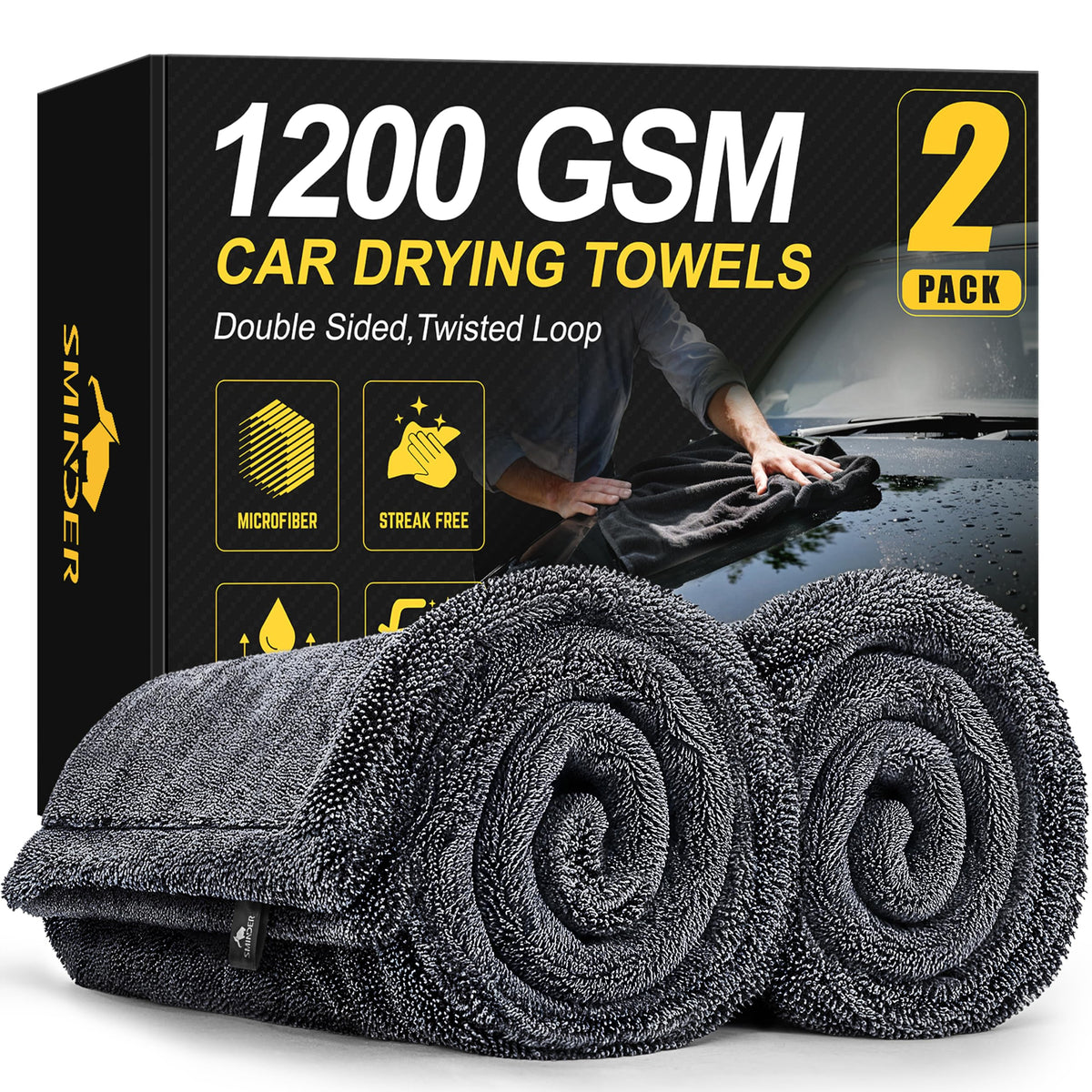 SMINDER 2-Pack 1200 GSM Car Drying Towels – Microfiber Towels - Product Imagery