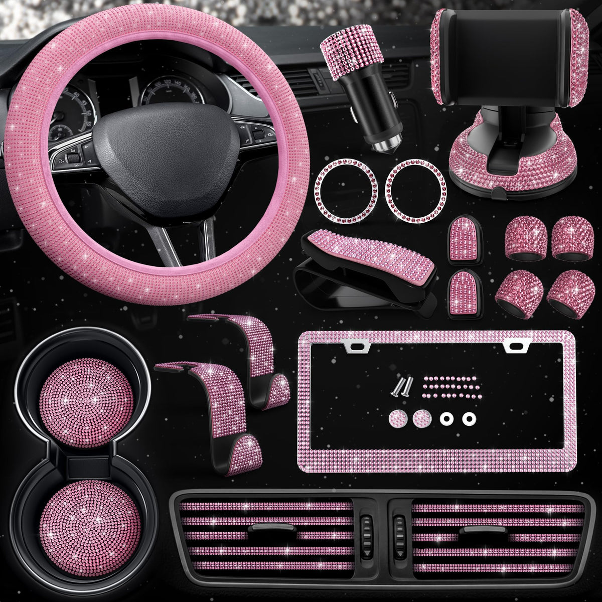 Pink Bling Car Accessories Set, 27 Pcs, for Women Drivers - Product Imagery
