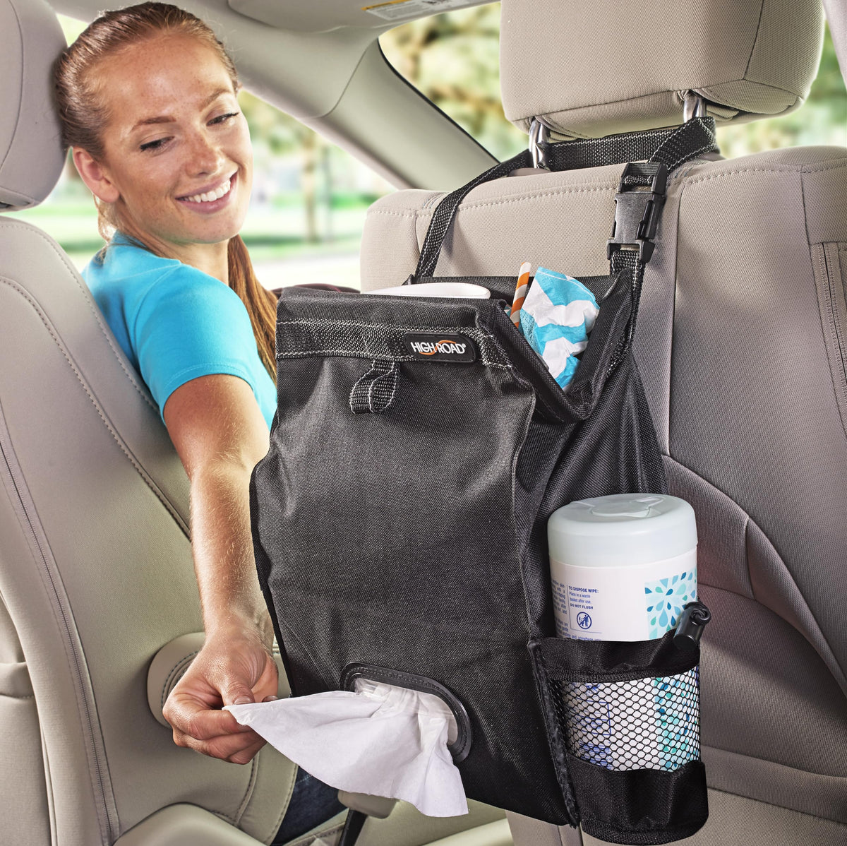 High Road Car Trash Can and Tissue Holder, Hanging Trash Bag - Product Imagery